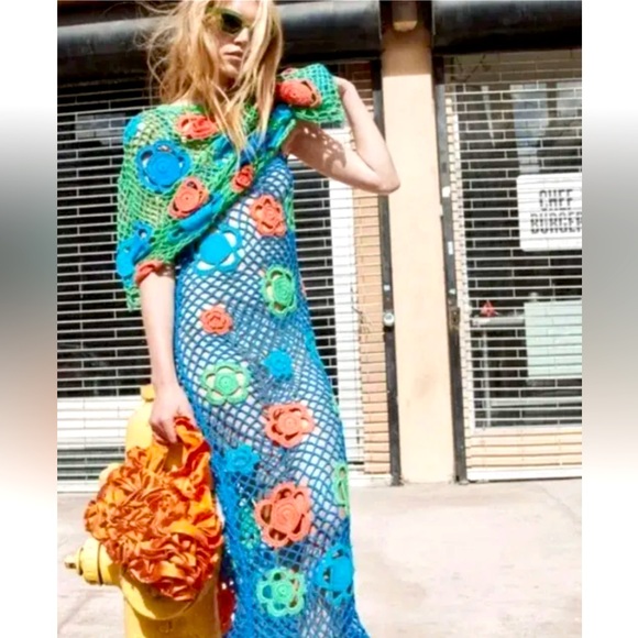 Zara Limited Edition Crochet Blue Flower Dress Sold Out Bloggers Fave Knit - Picture 15 of 15